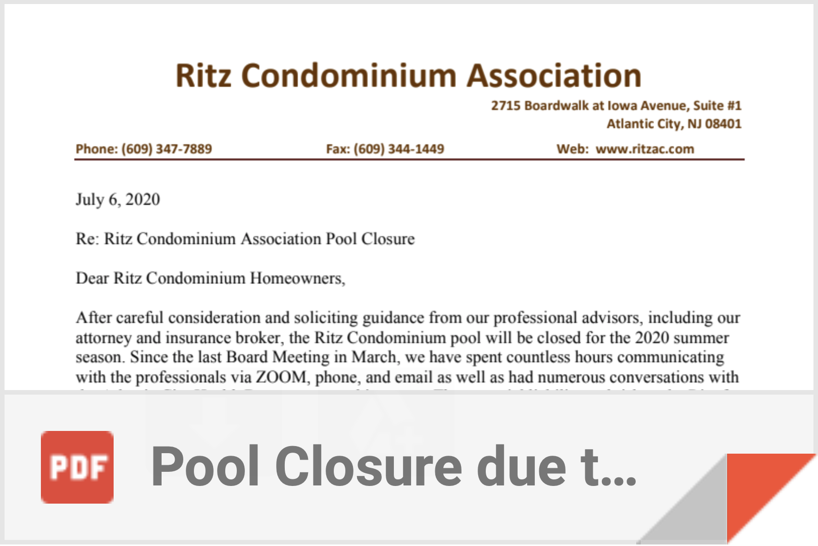Pool Closure due to COVID-19